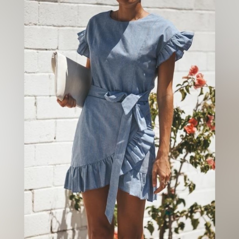 Etophe Studios 100% Cotton Chambray Pinstriped Ruffle Wrap Dress, Size M